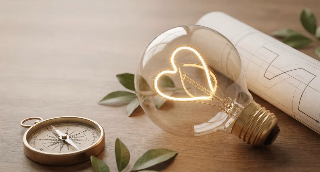 Bombilla con filamento en forma de corazón, brújula y planos - Comunicación con propósito y dirección estratégica de Maco&Co